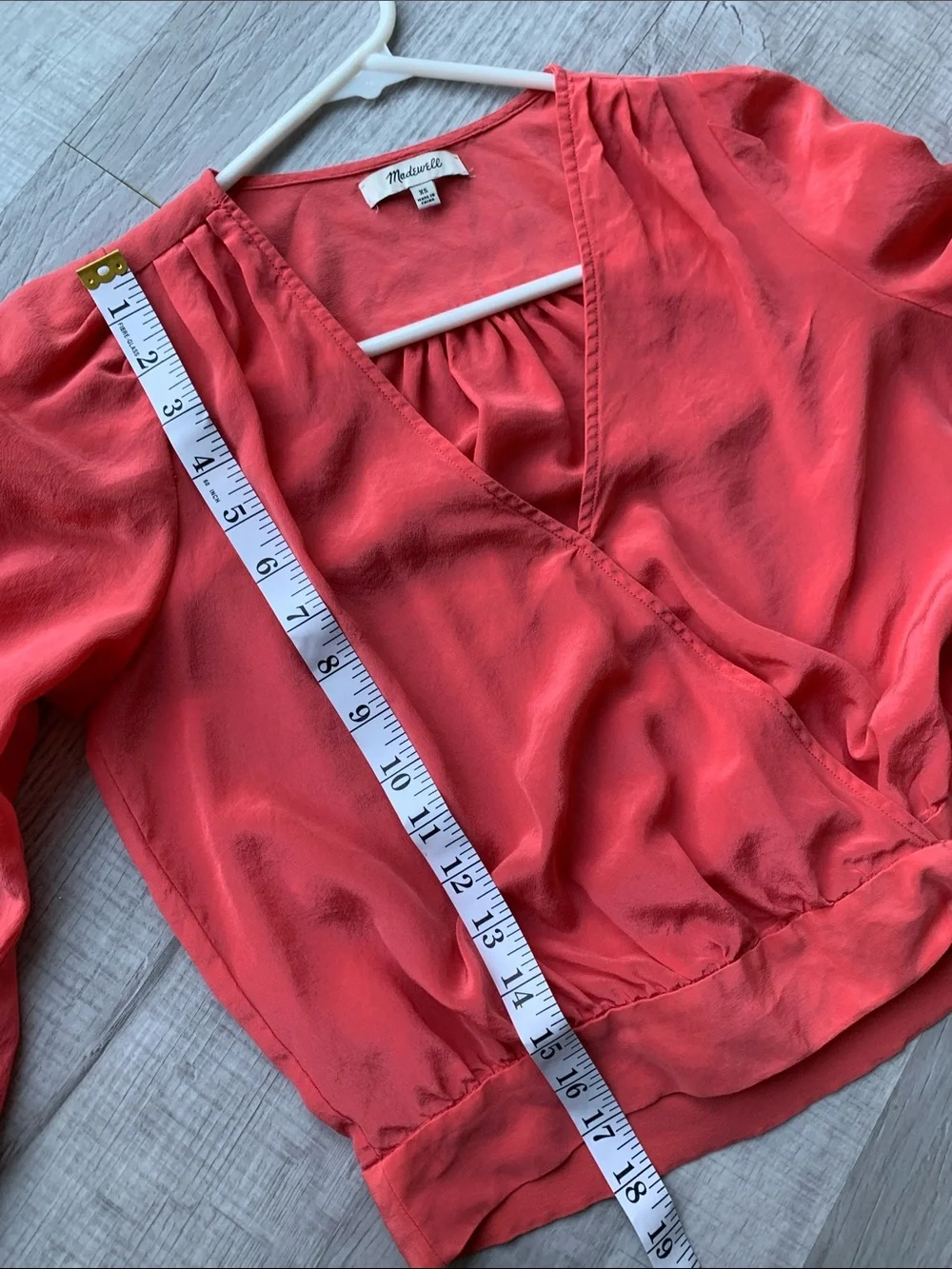 Madewell Coral-Red Silk Wrap Blouse with Tie Waist, Size XS.